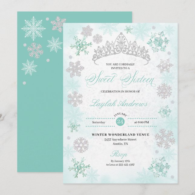 Turquoise Winter Wonderland Snowflake Sweet 16 Invitation (Front/Back)