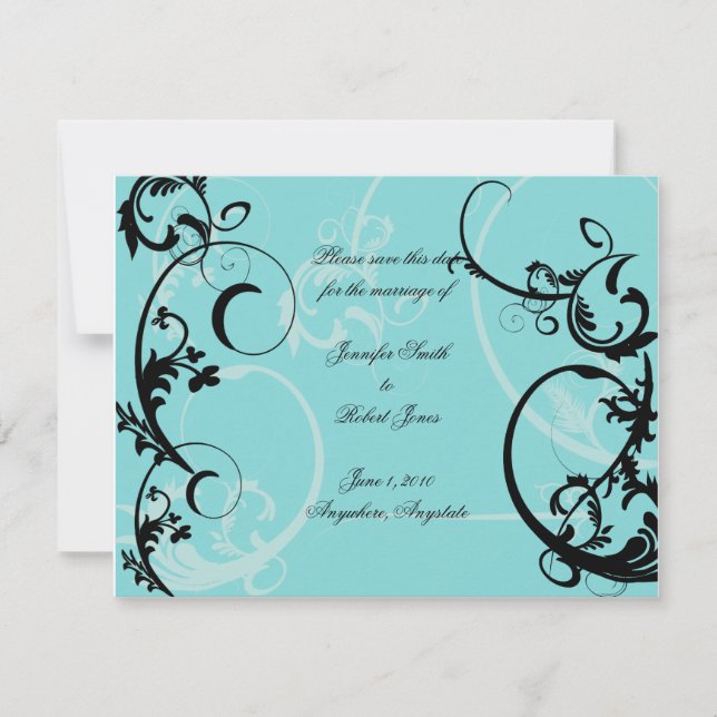Turquoise with Black Swirl Flourish Embellishment Save The Date (Front)