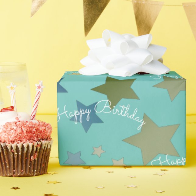Turquoise With Colourful Star Pattern Wrapping Paper (Birthday Party)