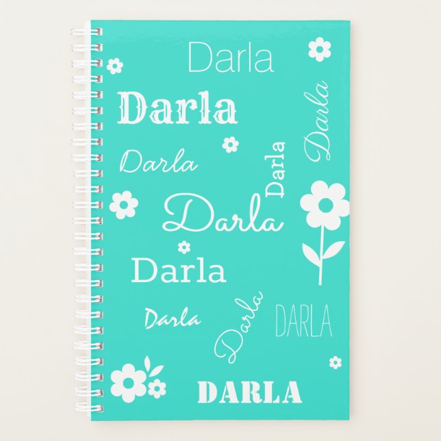 Turquoise with White Flowers, Custom Name Planner (Front)