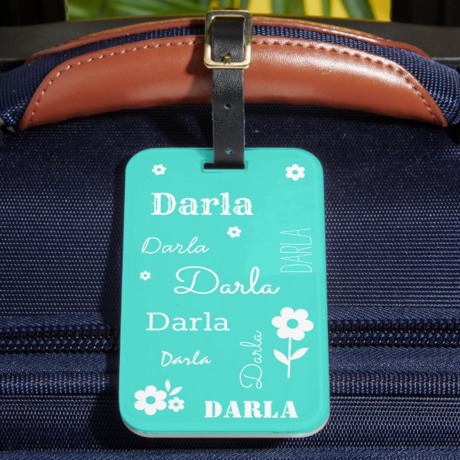 Turquoise with White Flowers, Customized Luggage Tag (Front Insitu 2)