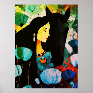 Turquoise Woman and Horse Painting Poster