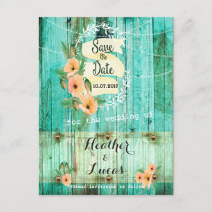 Turquoise Wood and Peach Poppies Save the Dates Announcement Postcard