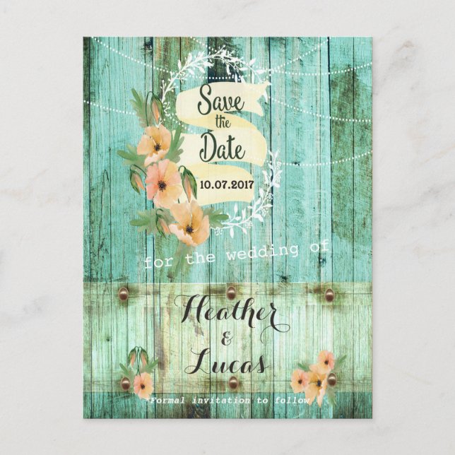 Turquoise Wood and Peach Poppies Save the Dates Announcement Postcard (Front)