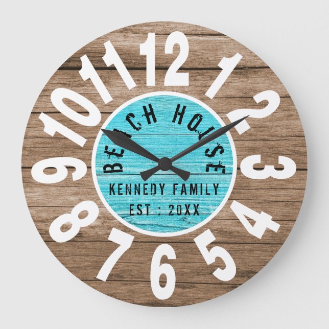 Turquoise Wood Brown Beach House White Big Numbers Large Clock (Front)