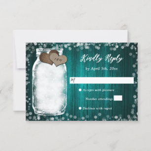 Turquoise Wood Deux Coeurs Mason Jar Mariage Carte