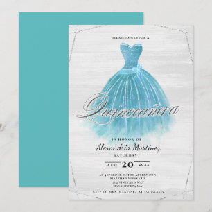 Turquoise wood dress glitter Quinceañera Invitation
