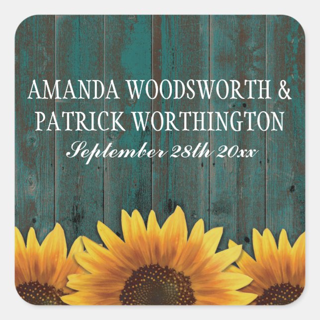 Turquoise Wood Rustic Sunflower Wedding Favours Square Sticker (Front)