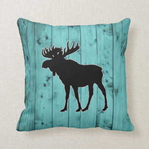 Turquoise Wood Teal Weathered Barn Rustic Moose Throw Pillow