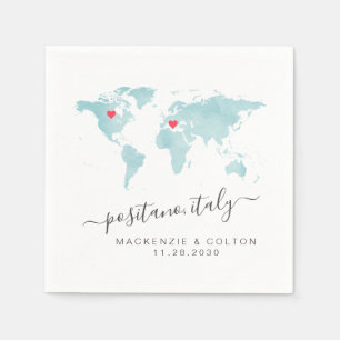 Turquoise World Map Coral Moveable Hearts Wedding Napkin
