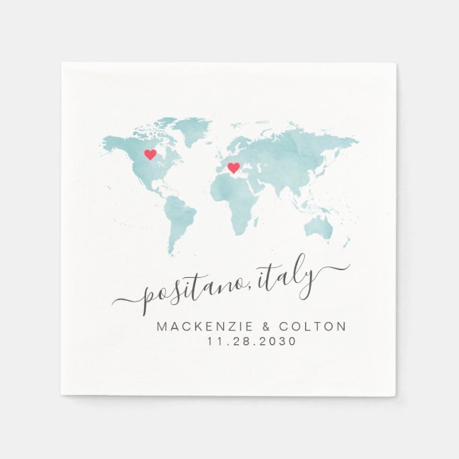 Turquoise World Map Coral Moveable Hearts Wedding Napkin (Front)