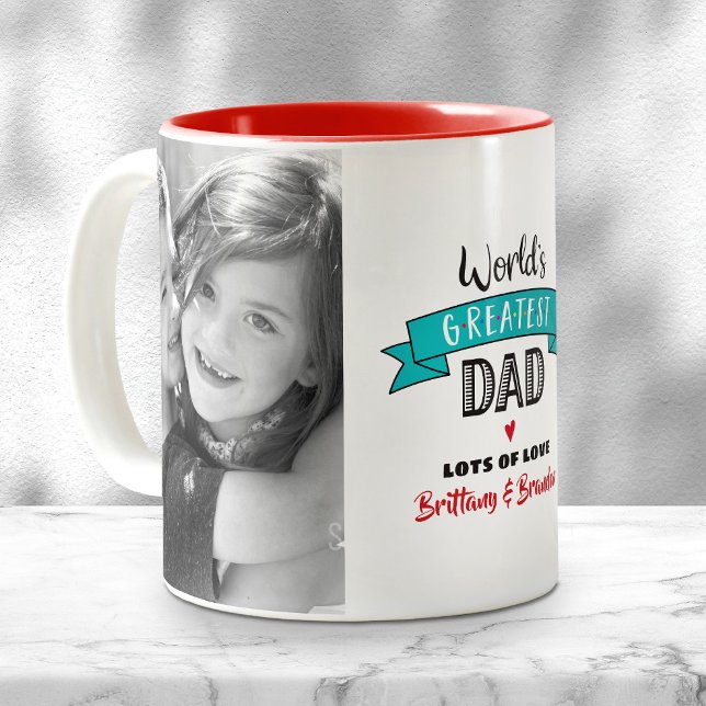 Turquoise World’s Greatest Dad 2 Photo Bold Modern Two-Tone Coffee Mug (Creator Uploaded)