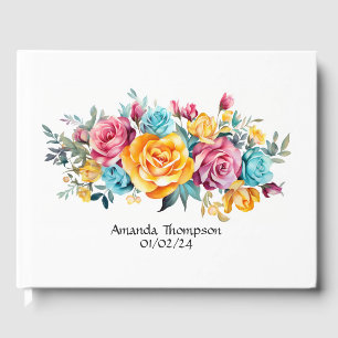 Turquoise, Yellow and Pink Floral Wedding Guest Book