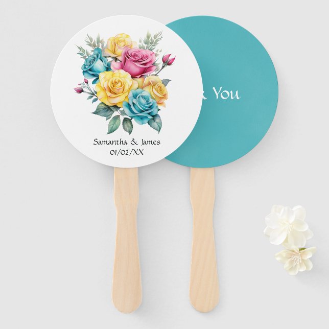 Turquoise, Yellow and Pink Floral Wedding Hand Fan (Front and Back)