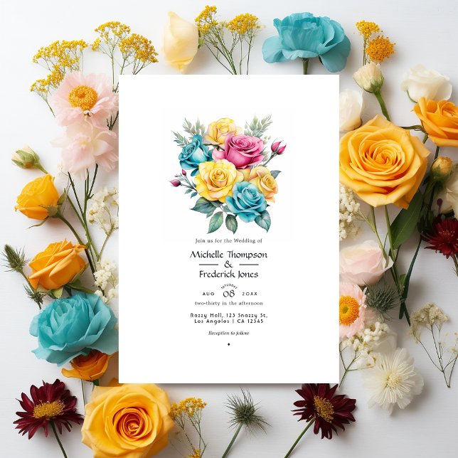 Turquoise, Yellow and Pink Floral Wedding Invitation (Creator Uploaded)