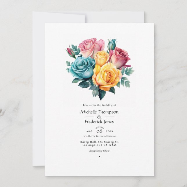 Turquoise, Yellow and Pink Floral Wedding Invitation (Front)