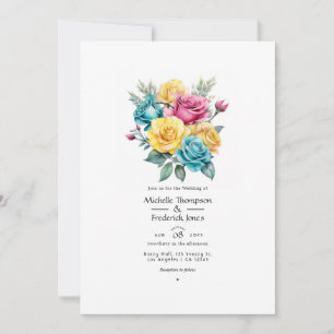 Turquoise, Yellow and Pink Floral Wedding Invitation