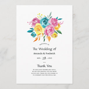 Turquoise, Yellow, and Pink Floral Wedding Program