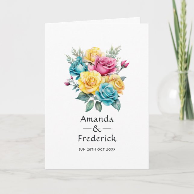 Turquoise, Yellow and Pink Floral Wedding Program (Front)