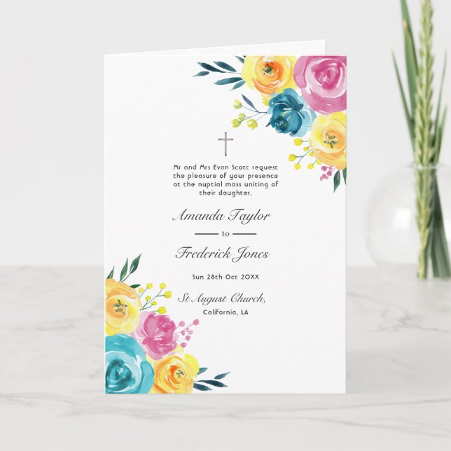 Turquoise, Yellow and Pink Floral Wedding Program (Front)