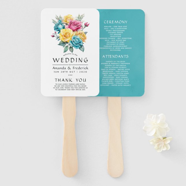 Turquoise, Yellow and Pink Floral Wedding Program Hand Fan (Front and Back)