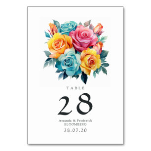 Turquoise, Yellow and Pink Floral Wedding Table Number