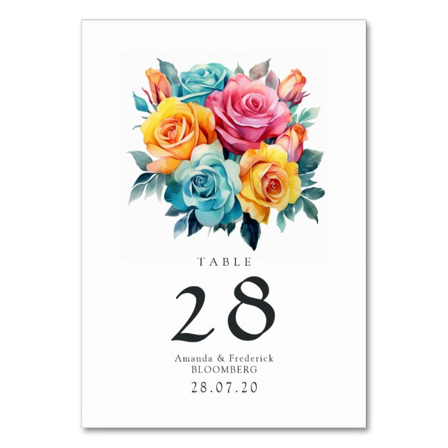 Turquoise, Yellow and Pink Floral Wedding Table Number (Front)