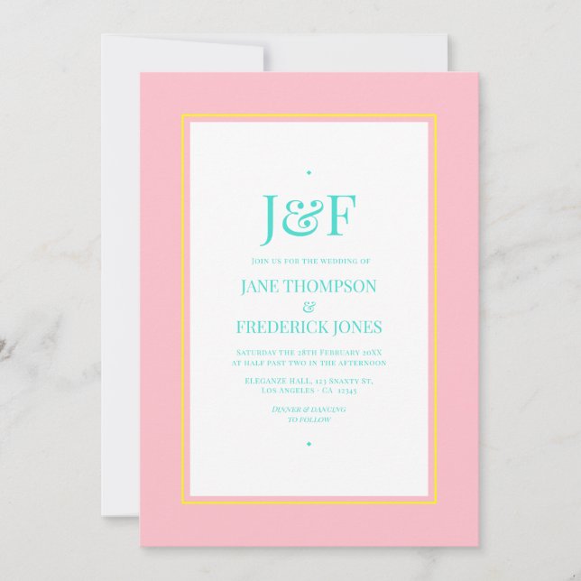 Turquoise, Yellow and Pink Wedding Invitation (Front)