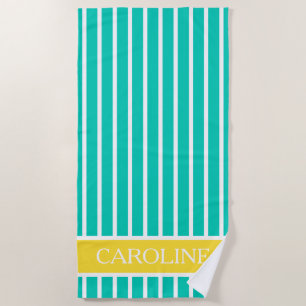 Turquoise Yellow and White Stripes Personalized Beach Towel