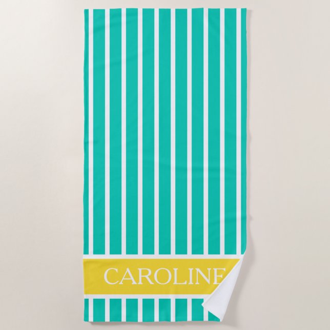Turquoise Yellow and White Stripes Personalized Beach Towel (Front)