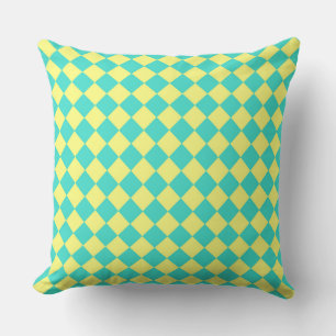 Turquoise Yellow Chequered Diamond Pattern Throw Pillow