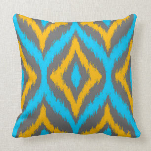 Turquoise & Yellow & Grey Quatrefoil Ikat Pattern Throw Pillow