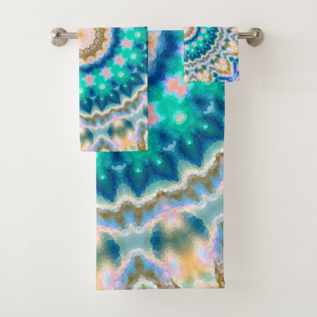 Turquoise yellow mandala bath towel set (Insitu)