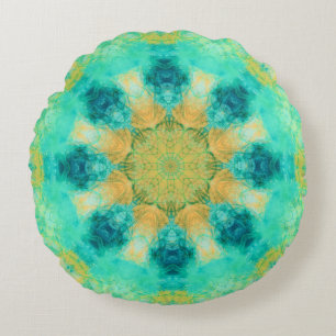 turquoise & yellow mandala kaleidoscope pattern round pillow