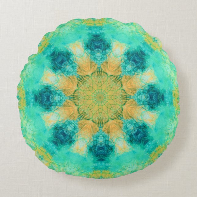 turquoise & yellow mandala | kaleidoscope pattern round pillow (Front)