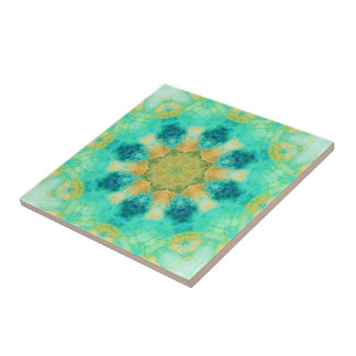 turquoise & yellow mandala | kaleidoscope pattern tile