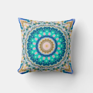 Turquoise yellow mandala throw pillow