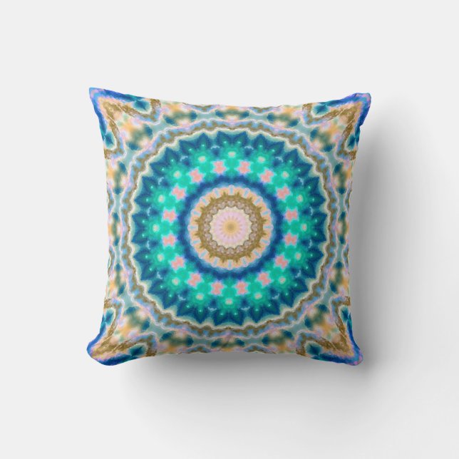 Turquoise yellow mandala throw pillow (Front)
