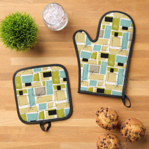 Turquoise Yellow Squares Starburst Mid Century Oven Mitt & Pot Holder Set