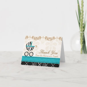 Turquoise Zebra Baby Carriage Shower Thank You Card