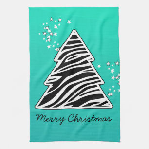 Turquoise zebra Christmas Tree Kitchen Towel