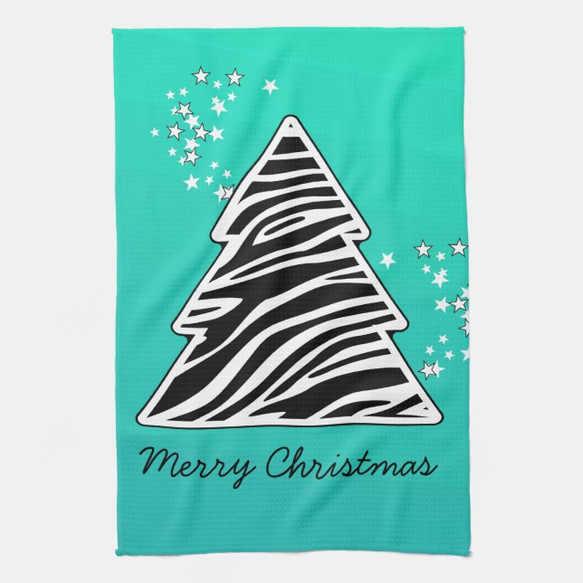Turquoise zebra Christmas Tree Kitchen Towel (Vertical)