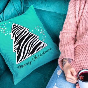 Turquoise zebra Christmas Tree Throw Pillow