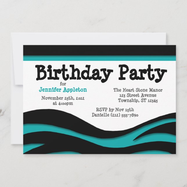 Turquoise Zebra Print Waves Invitations Anniversai (Devant)