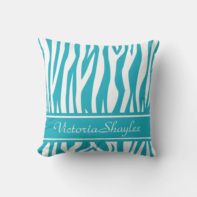 Turquoise Zebra Print with custom text Throw Pillow (Front)