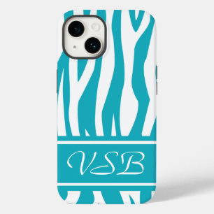 Turquoise Zebra Print with monogram Case-Mate iPhone 14 Case