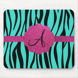 Turquoise zebra stripes monogram mouse pad