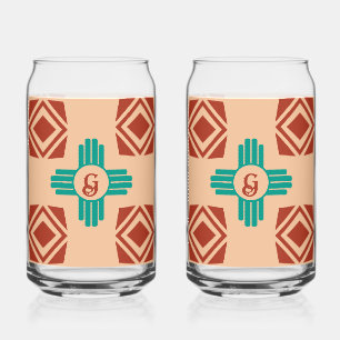Turquoise Zia Tribal Brown Tan Can Glass