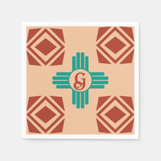 Turquoise Zia Tribal Brown Tan Napkin (Front)