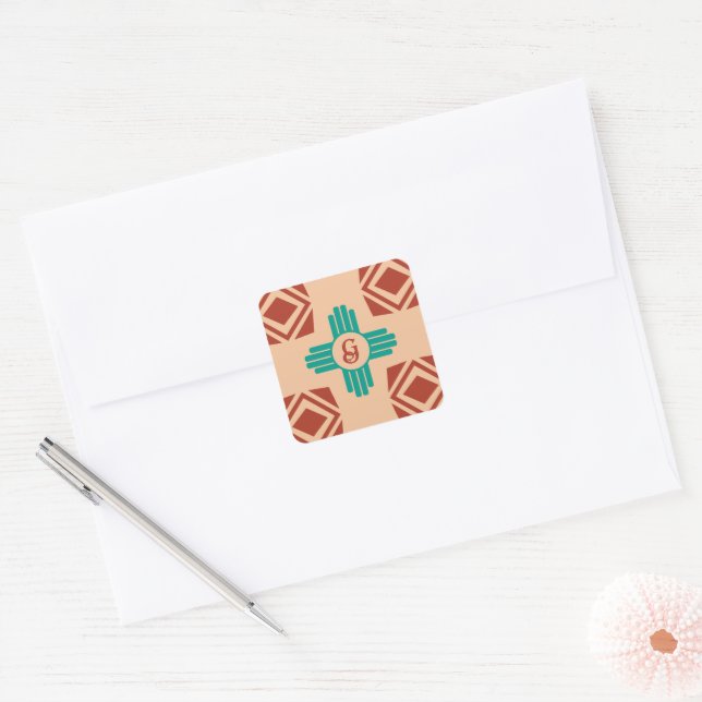 Turquoise Zia Tribal Brown Tan Square Sticker (Envelope)